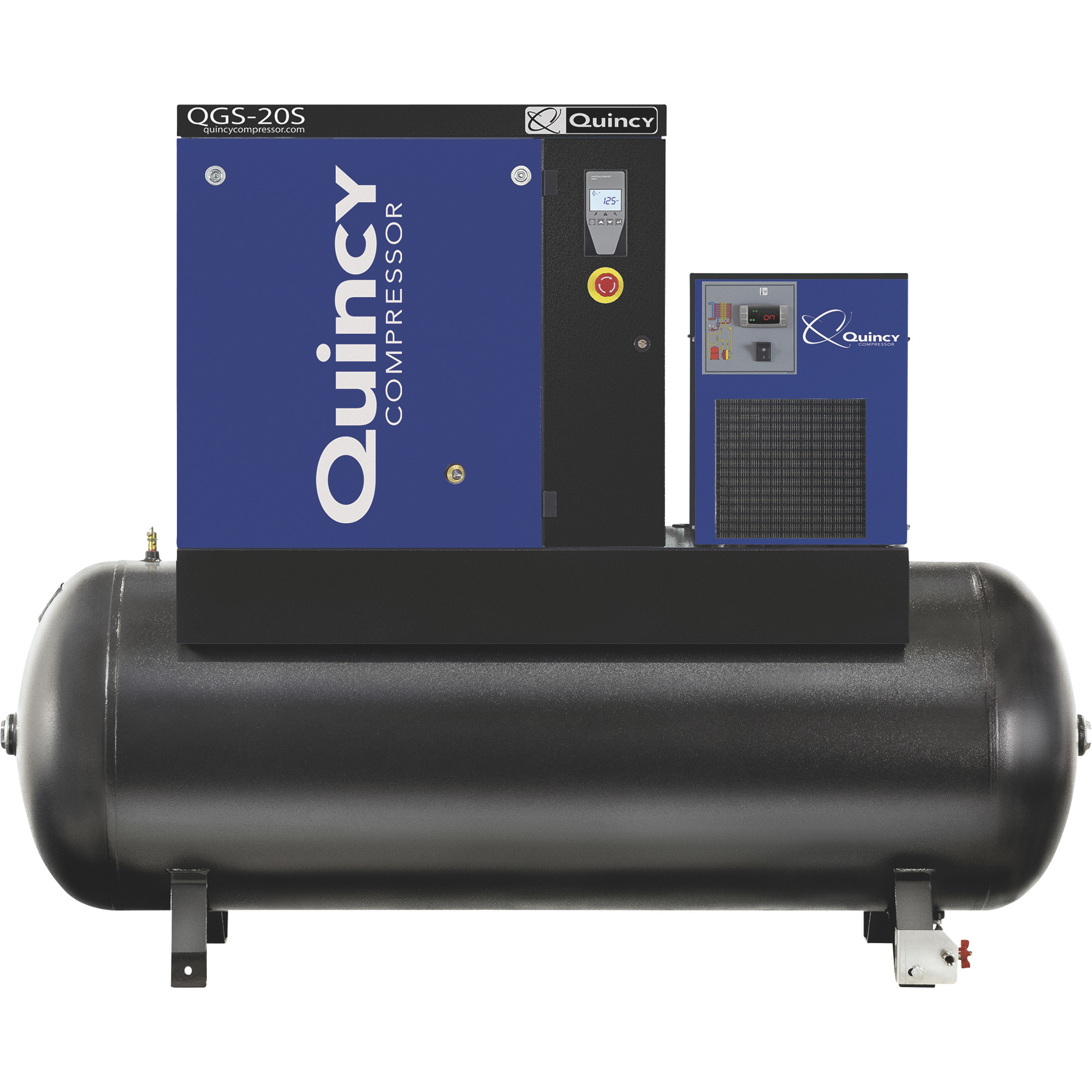 Quincy QGS Rotary Screw Air Compressor, Tank Mounted, w/ Dryer, 230V 3-Phase, 20 HP, 132 Gallon, 60.8 CFM, Model# 4152022000